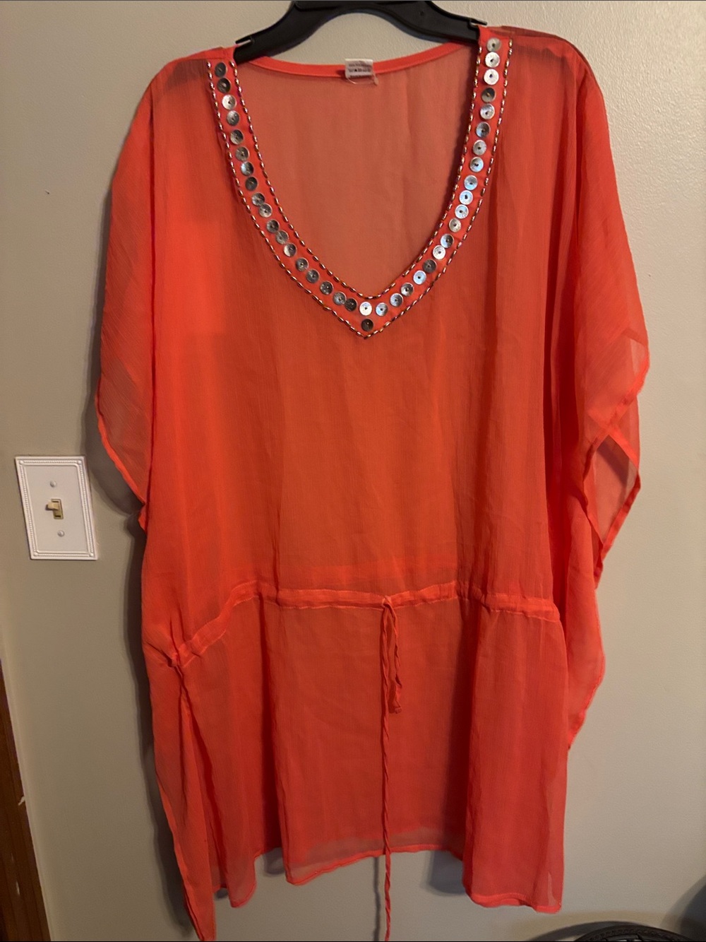 Sheer Coral V-Neck Swim Coverup with Metallic sequins Trim